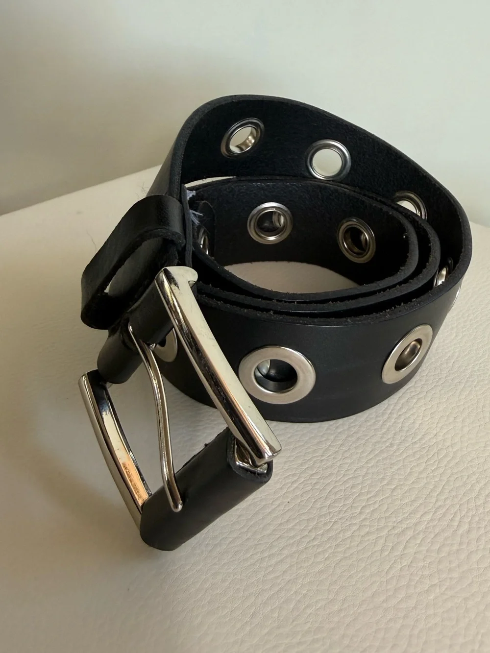 Black Leather Grommet Belt with Silver Hardware
